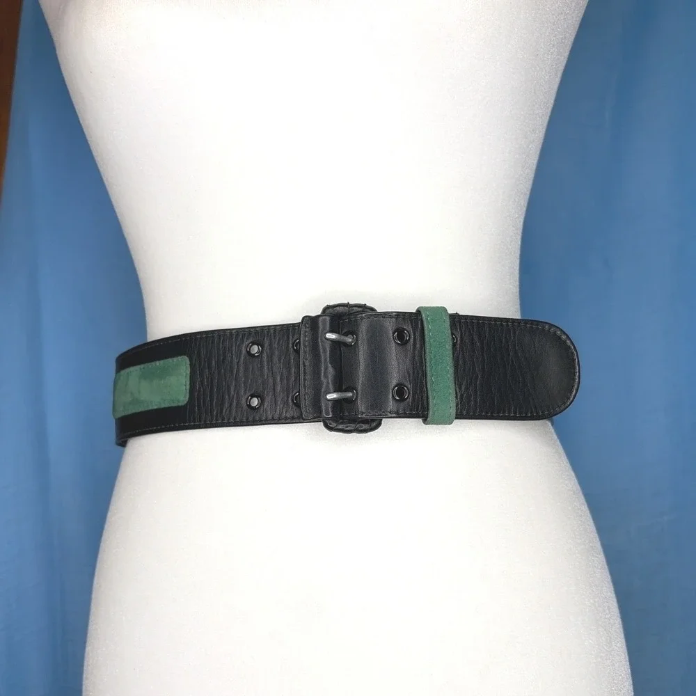 Alden Howard Vintage Wide Black Leather Green Suede Patch Waist Belt Size 28